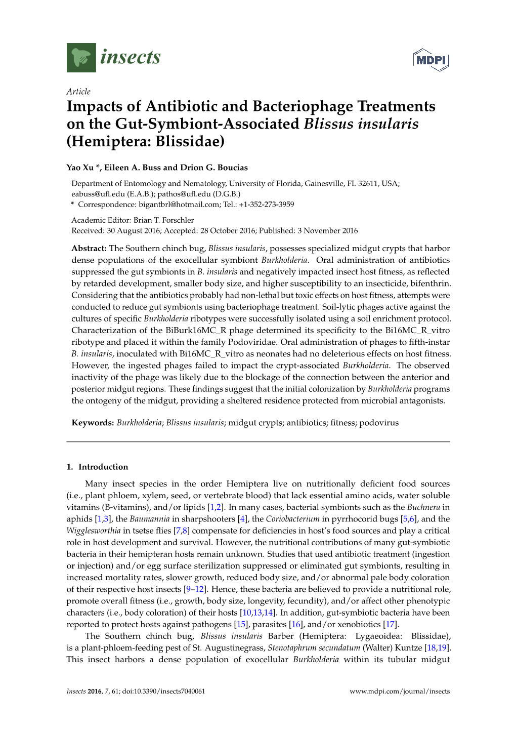 Impacts of Antibiotic and Bacteriophage Treatments on the Gut-Symbiont-Associated Blissus Insularis (Hemiptera: Blissidae)