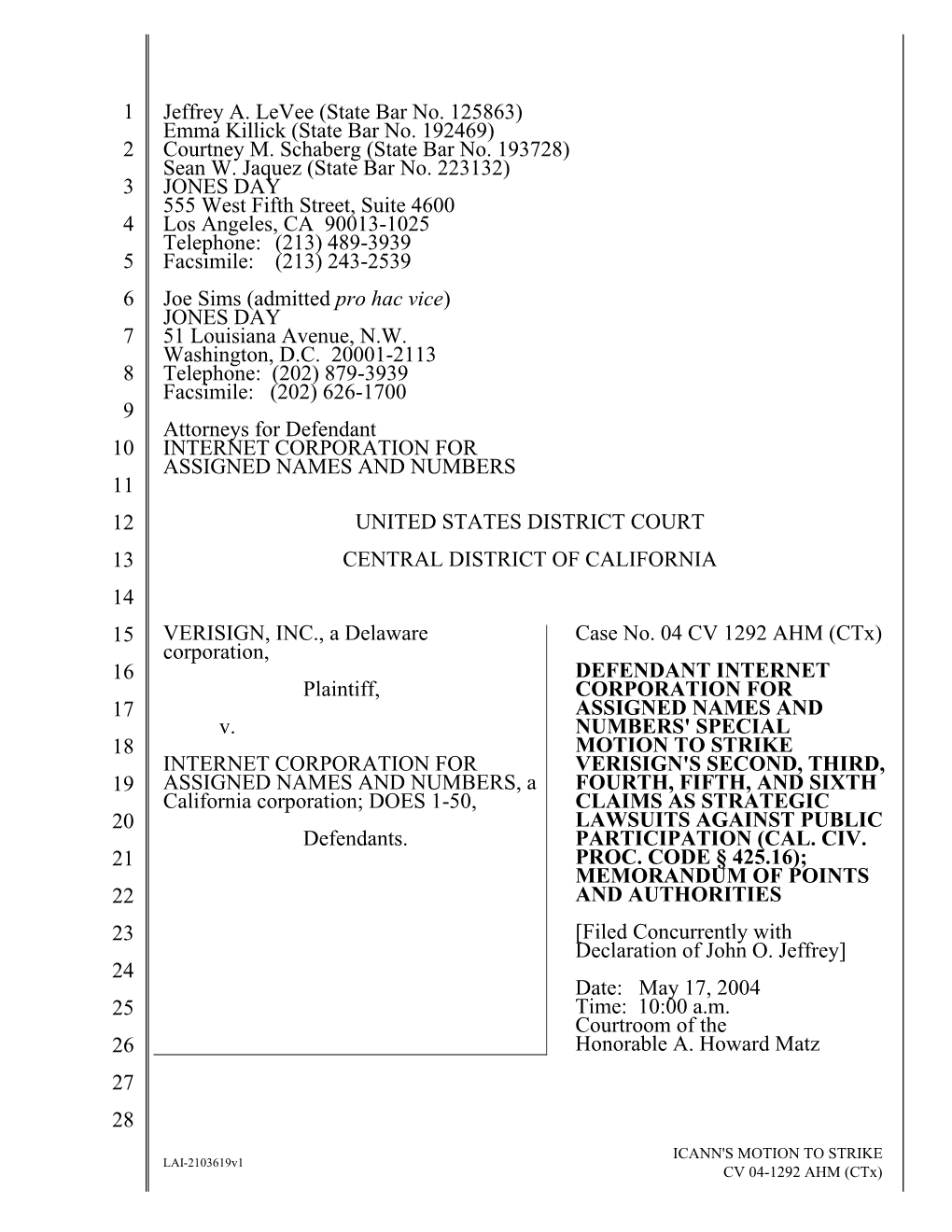 LAI 2103619 V1 ICANN's Special Motion to Strike Verisign's Claims