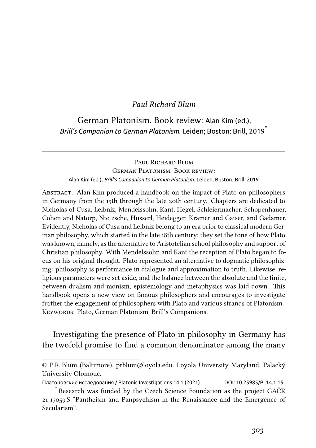 German Platonism. Book Review: Alan Kim (Ed.), Brill’S Companion to German Platonism