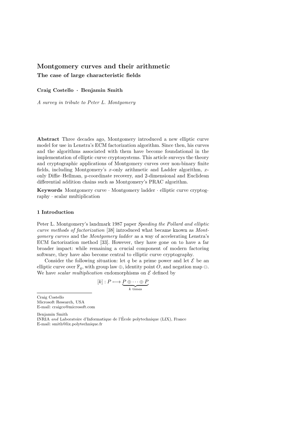 Montgomery Curves and Their Arithmetic the Case of Large Characteristic ﬁelds