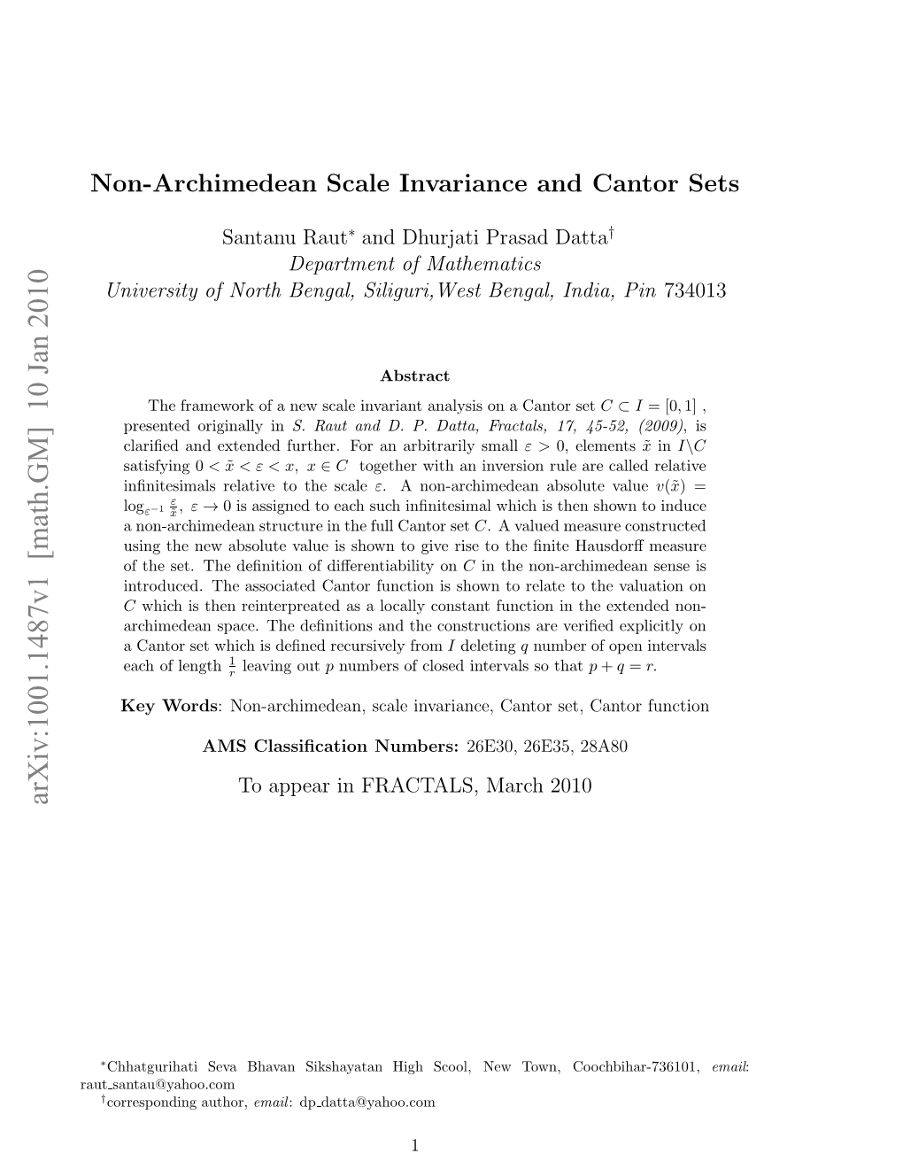 Non-Archimedean Scale Invariance and Cantor Sets