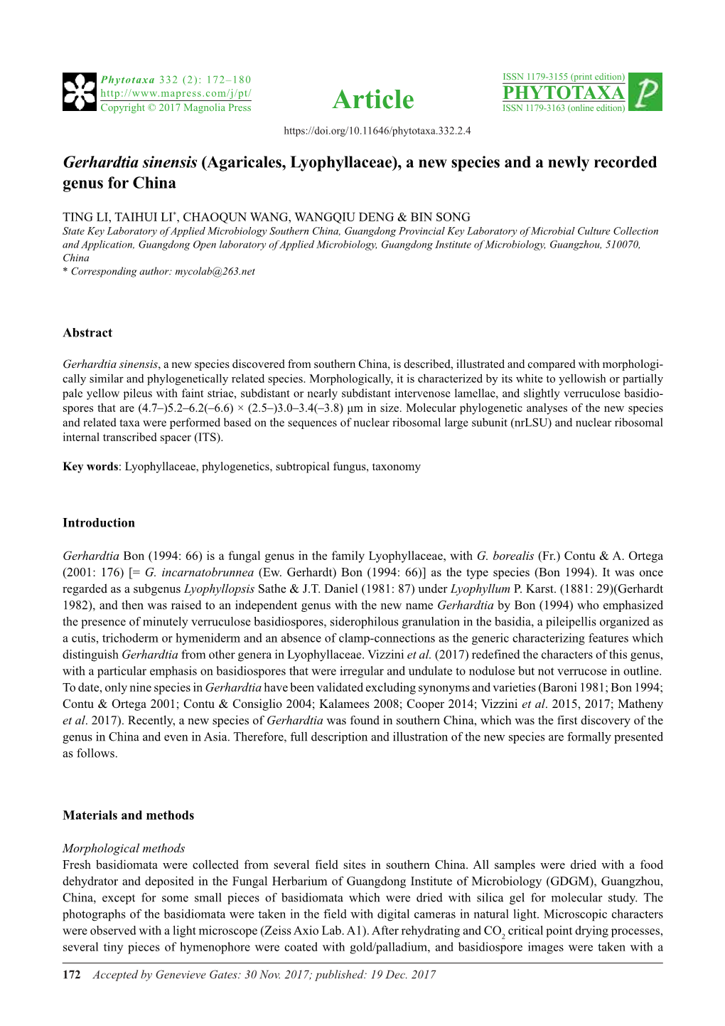 Gerhardtia Sinensis (Agaricales, Lyophyllaceae), a New Species and a Newly Recorded Genus for China