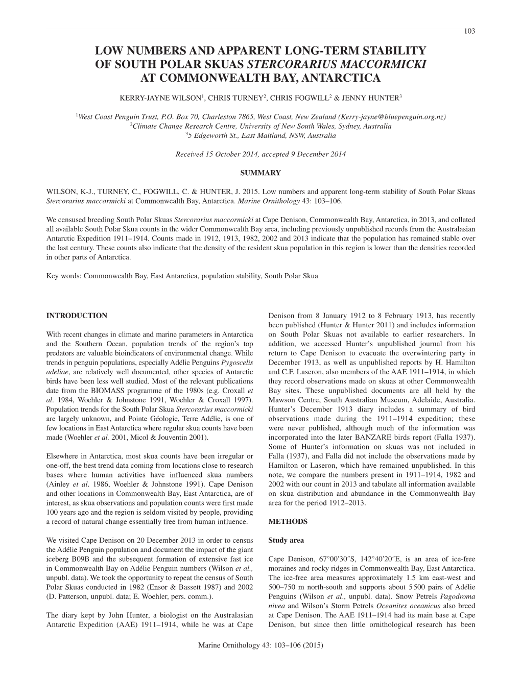 Low Numbers and Apparent Long-Term Stability of South Polar Skuas Stercorarius Maccormicki at Commonwealth Bay, Antarctica