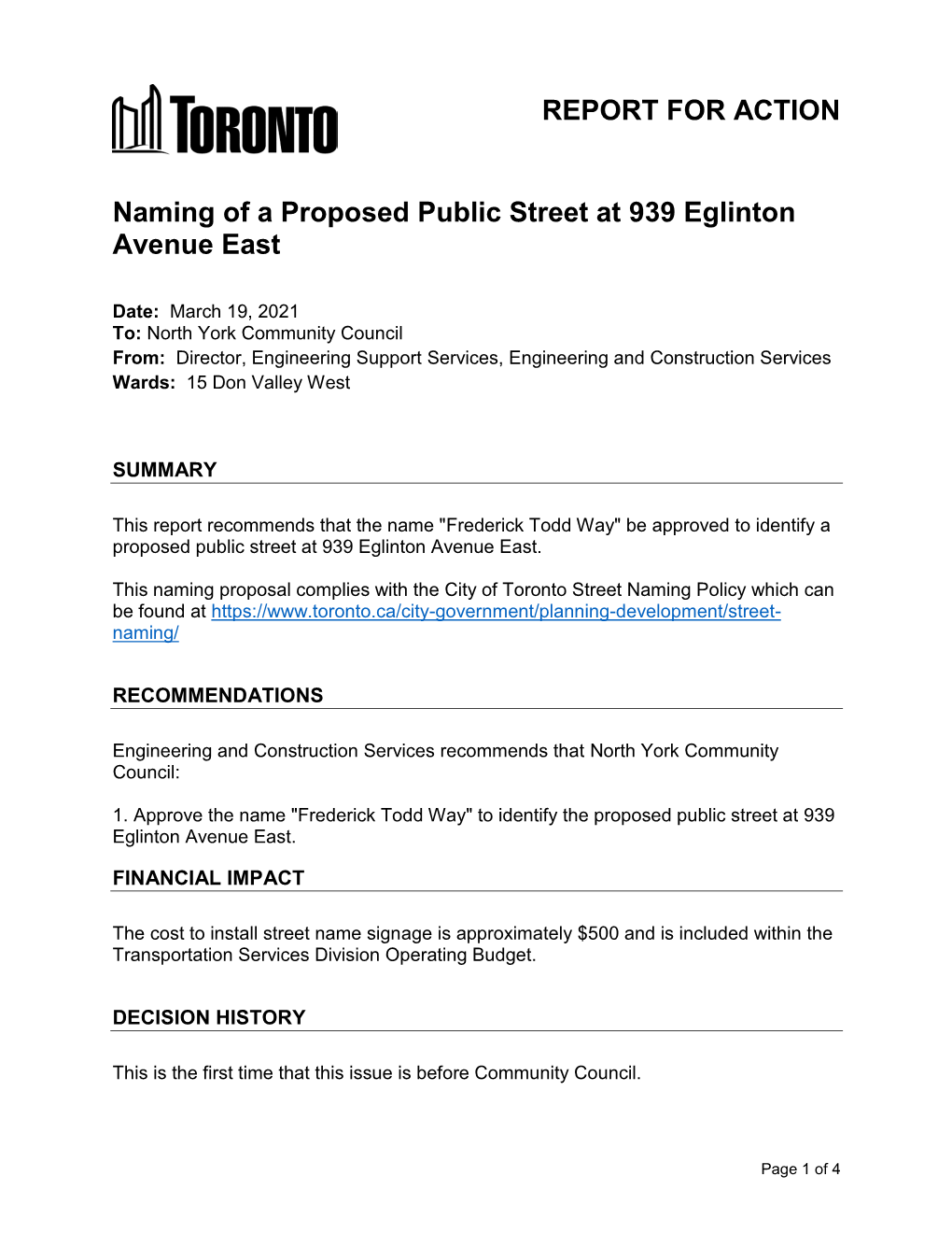 Naming of a Proposed Public Street at 939 Eglinton Avenue East