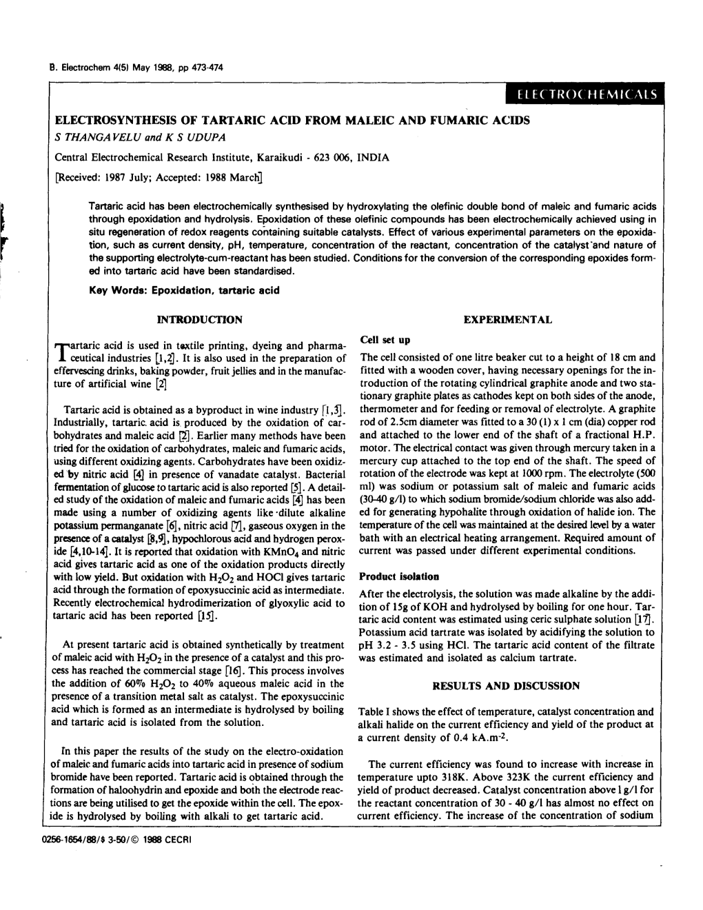 Electrosynthesis of Tartaric Acid from Maleic And