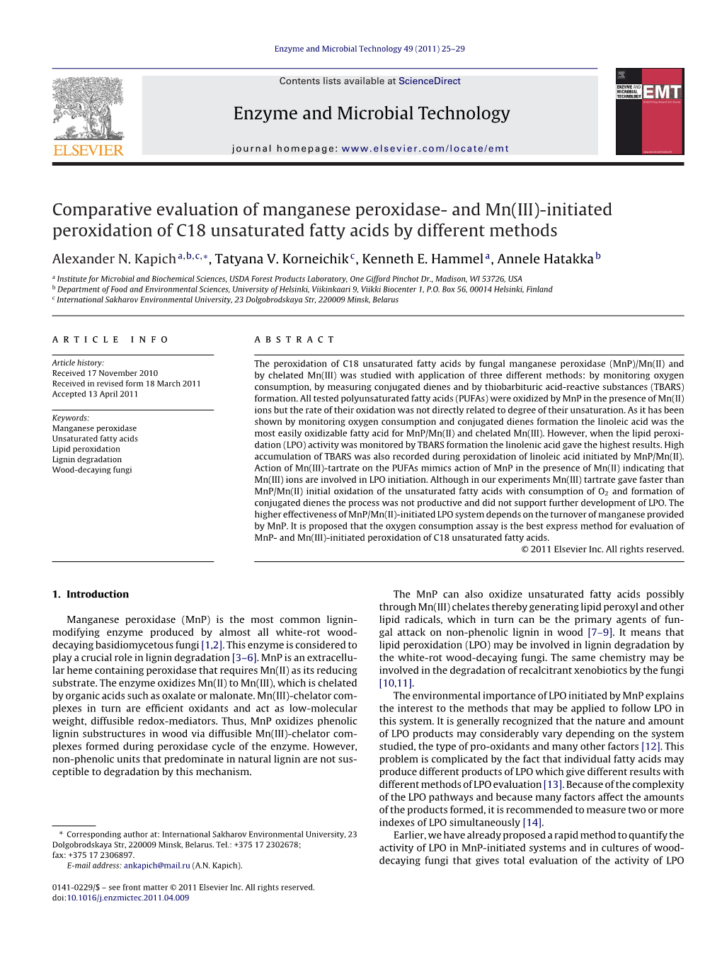 Comparative Evaluation of Manganese Peroxidase- and Mn(III)-Initiated Peroxidation of C18 Unsaturated Fatty Acids by Different Methods