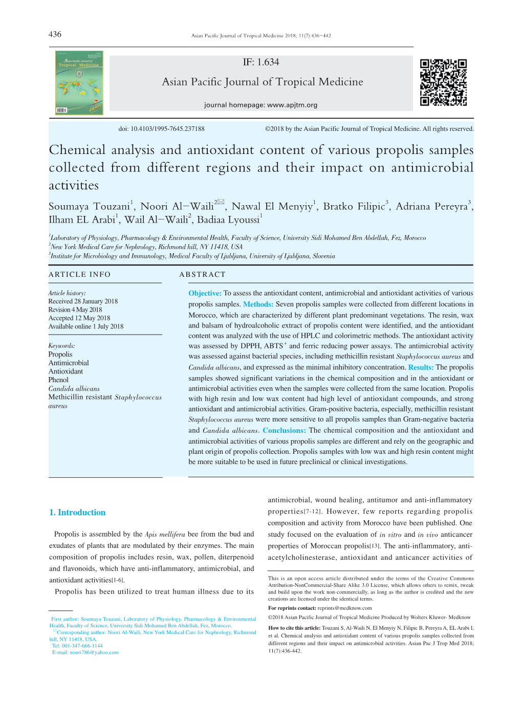 Chemical Analysis and Antioxidant Content of Various Propolis Samples