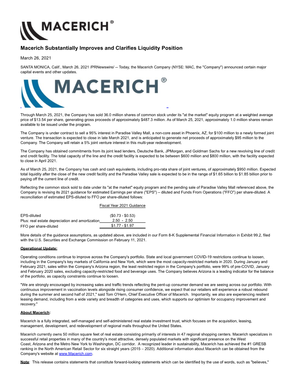 Macerich Substantially Improves and Clarifies Liquidity Position