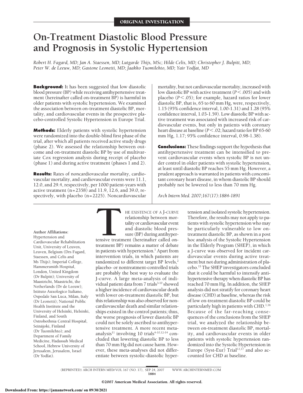 On-Treatment Diastolic Blood Pressure and Prognosis in Systolic Hypertension