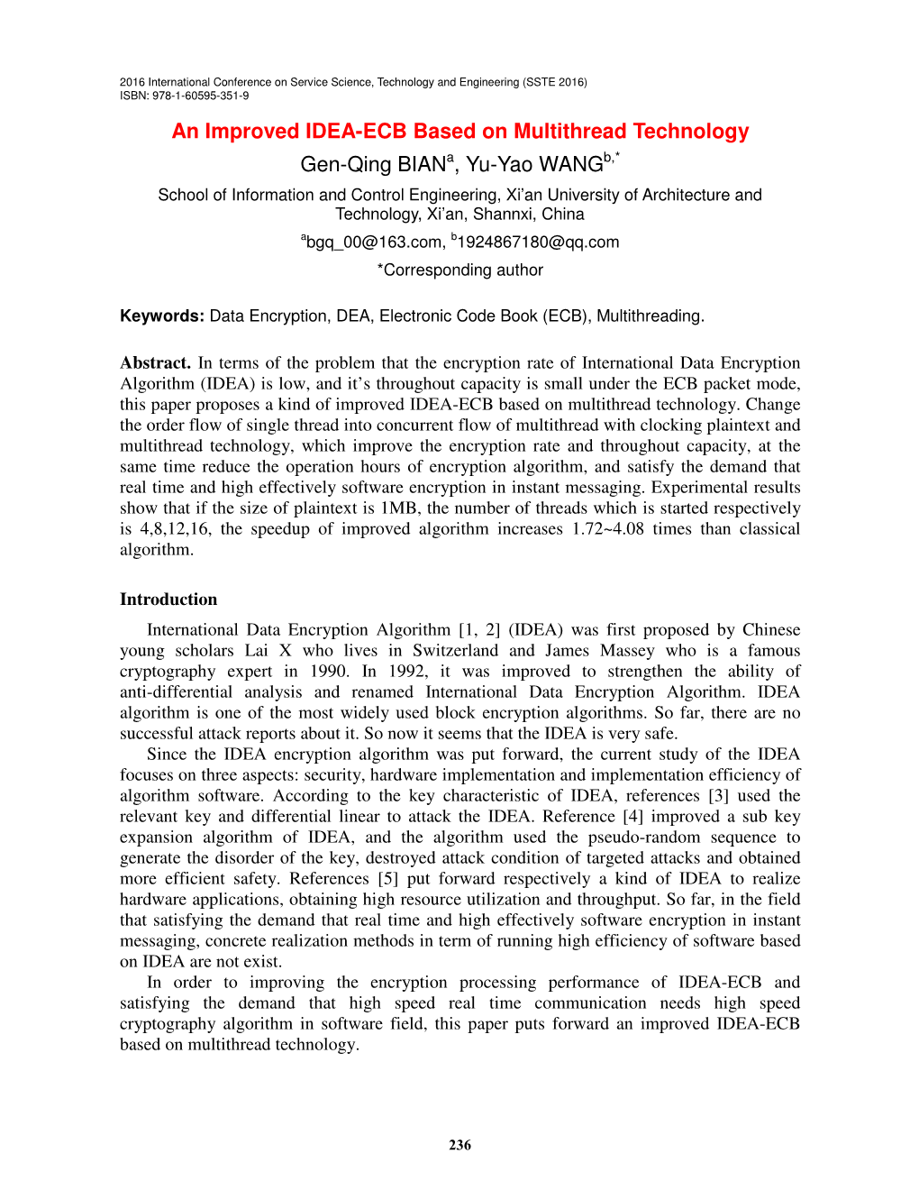 An Improved IDEA-ECB Based on Multithread Technology Gen-Qing