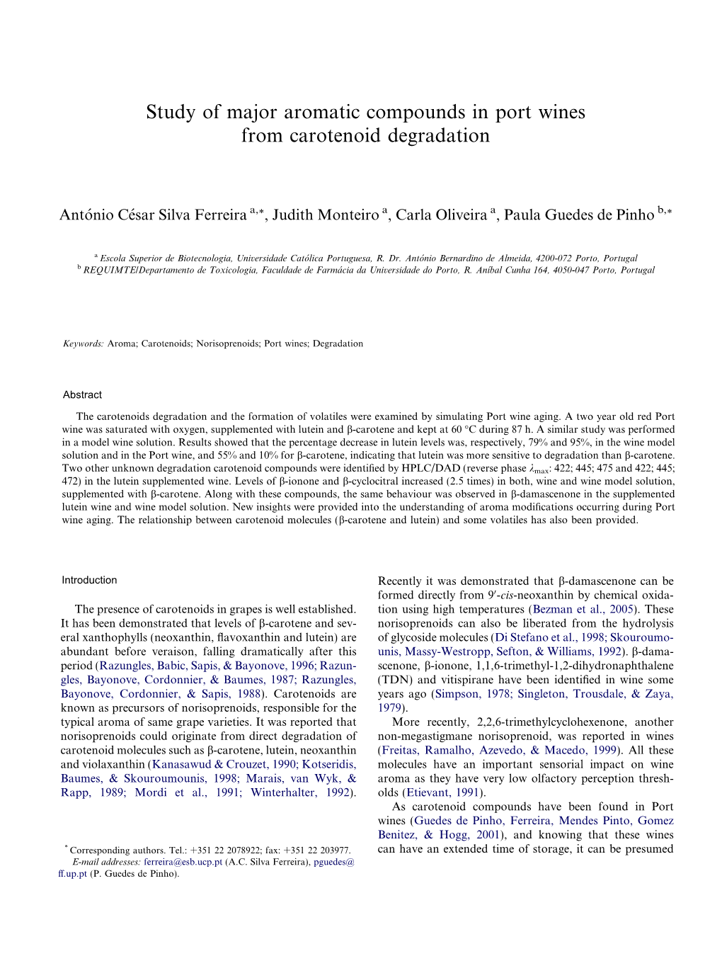 Study of Major Aromatic Compounds in Port Wines from Carotenoid Degradation