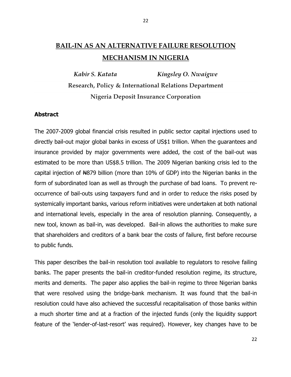 Bail-In As an Alternative Failure Resolution Mechanism in Nigeria