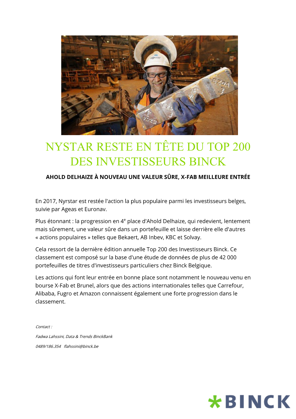 Nystar Reste En Tête Du Top 200 Des Investisseurs Binck
