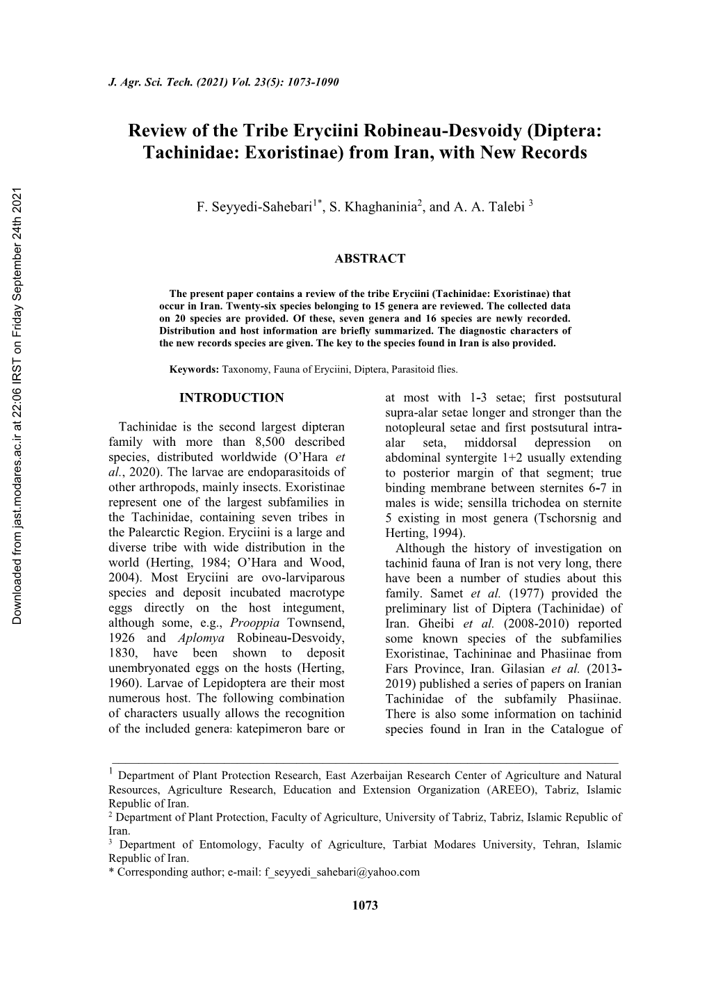 Diptera: Tachinidae: Exoristinae) from Iran, with New Records