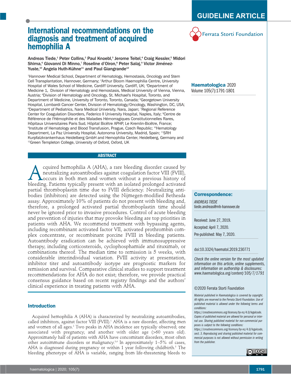 International Recommendations on the Diagnosis and Treatment of Acquired Ferrata Storti Foundation Hemophilia A