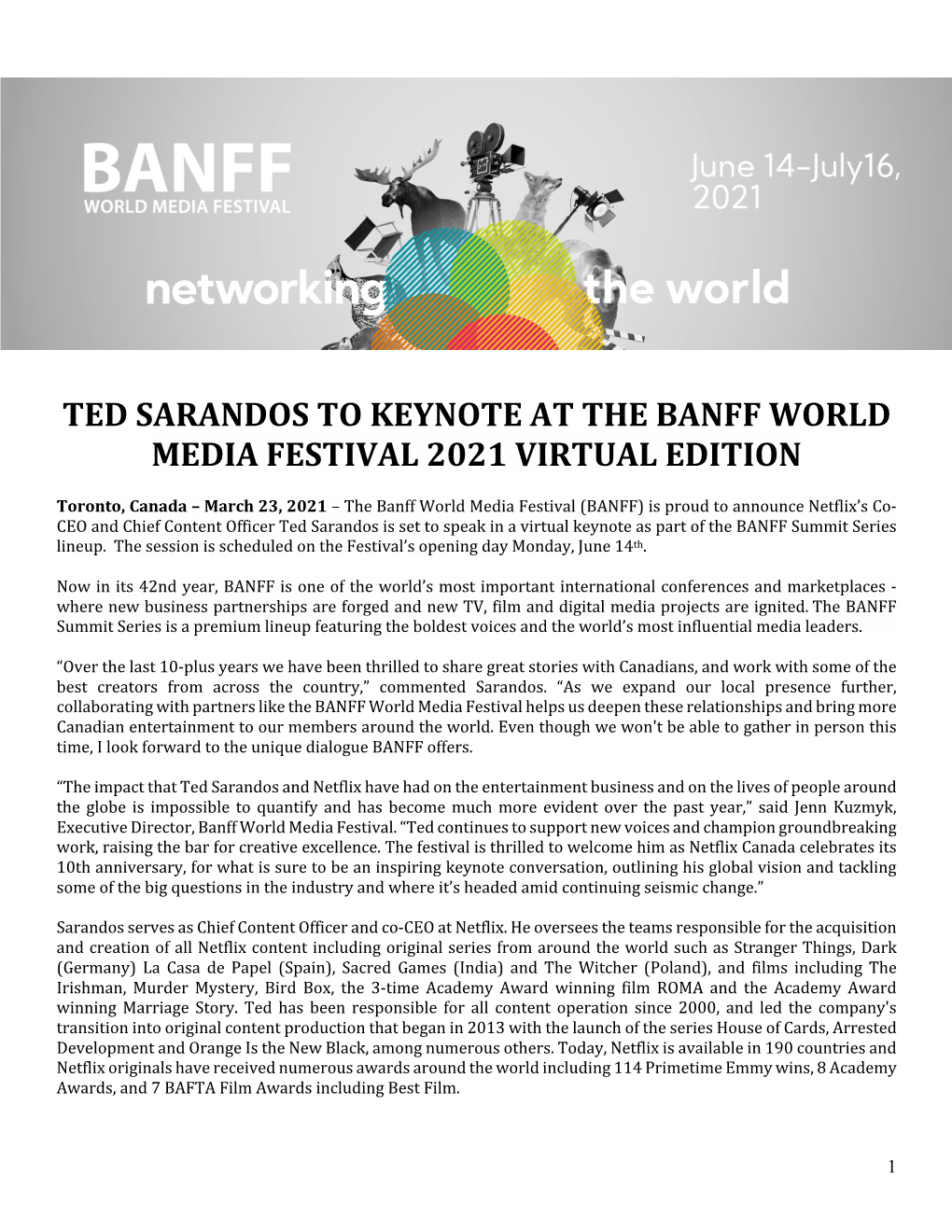 Ted Sarandos to Keynote at the Banff World Media Festival 2021 Virtual Edition