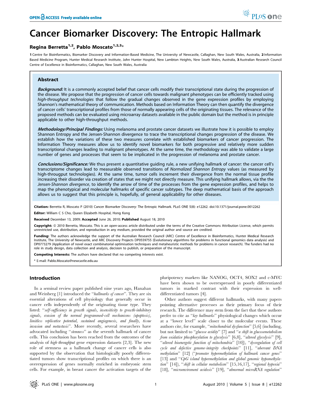 Cancer Biomarker Discovery: the Entropic Hallmark