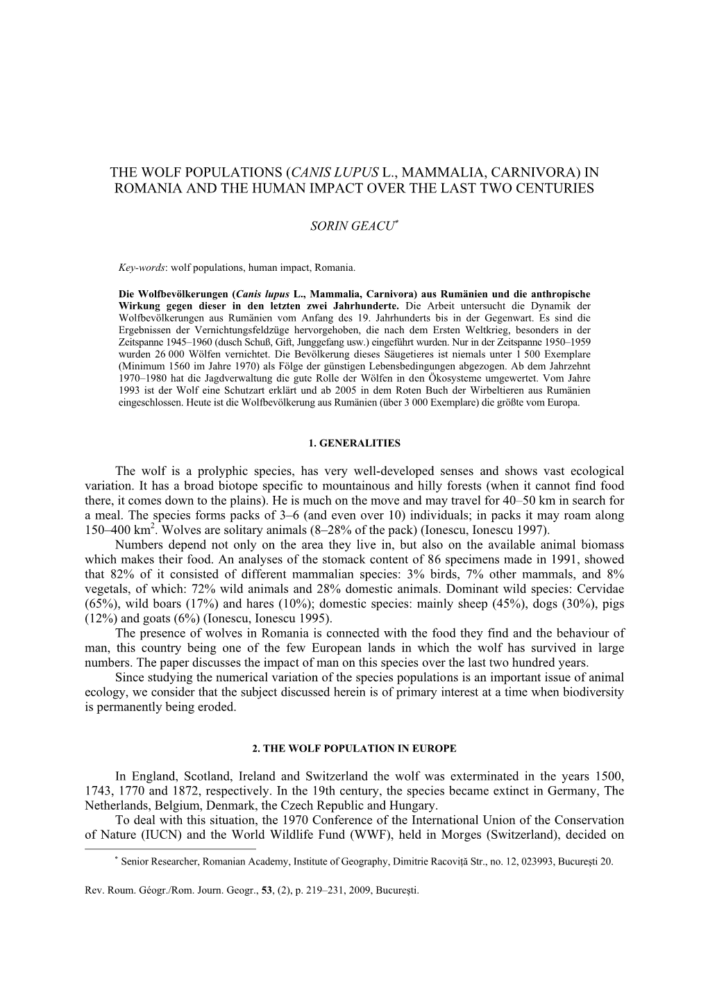 The Wolf Populations (Canis Lupus L., Mammalia, Carnivora) in Romania and the Human Impact Over the Last Two Centuries