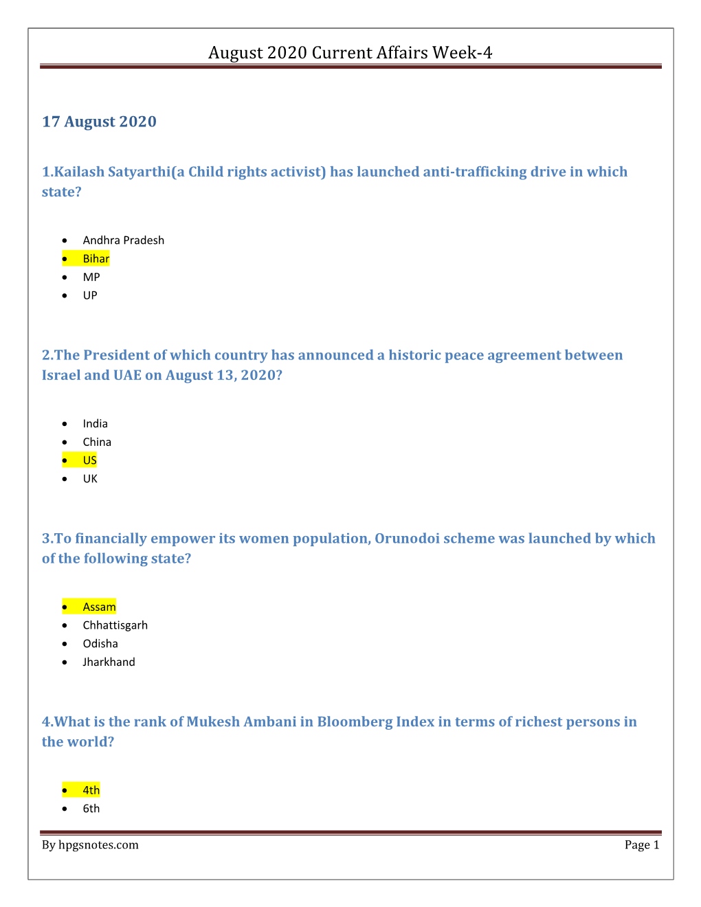 August 2020 Current Affairs Week-4