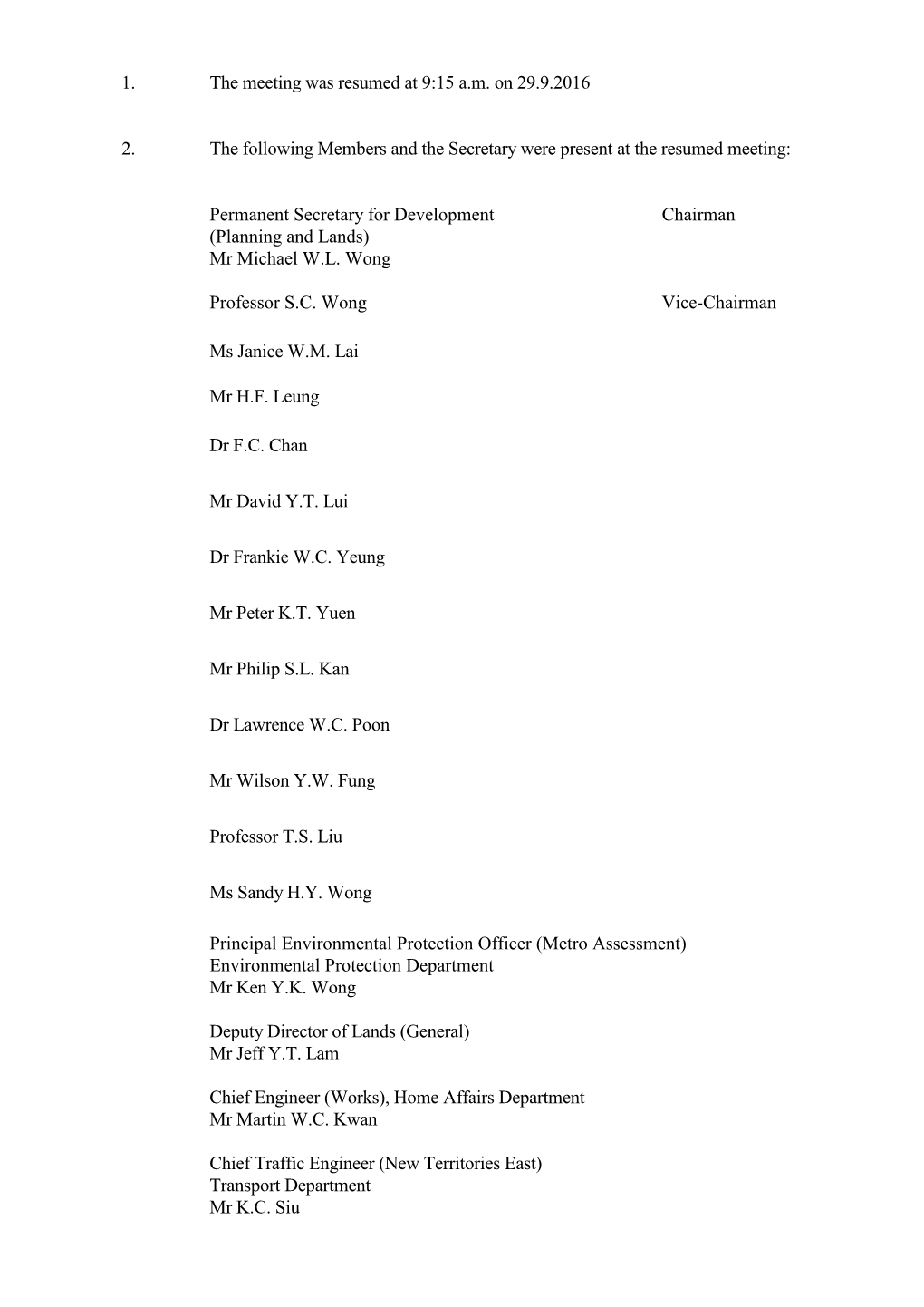 1. the Meeting Was Resumed at 9:15 A.M. on 29.9.2016 2. the Following Members and the Secretary Were Present at the Resumed Meet