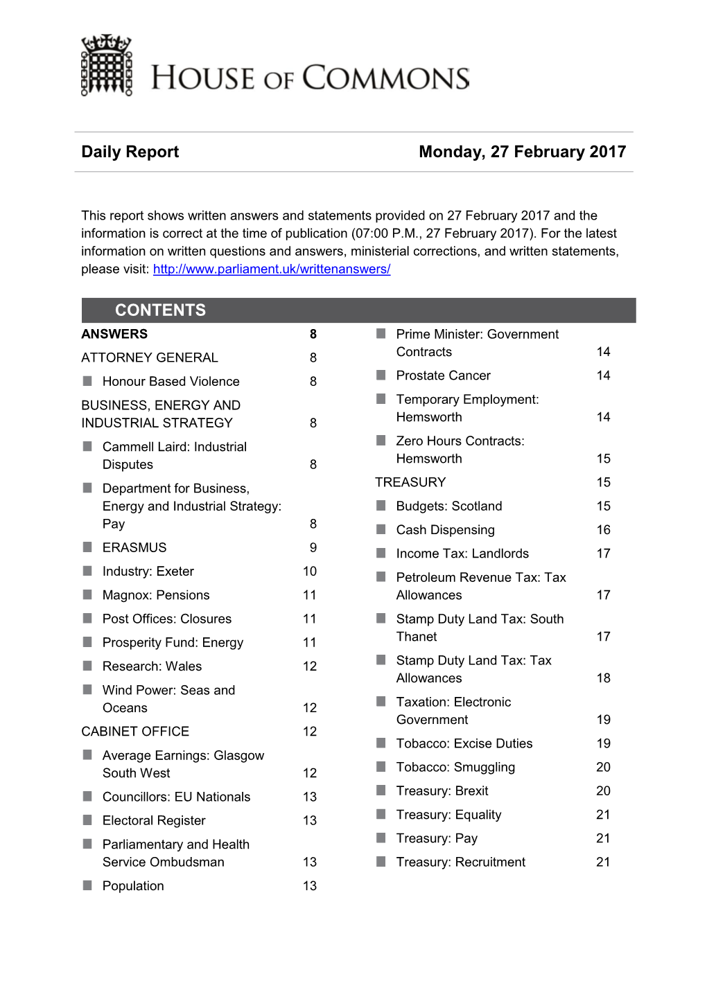 Daily Report Monday, 27 February 2017 CONTENTS