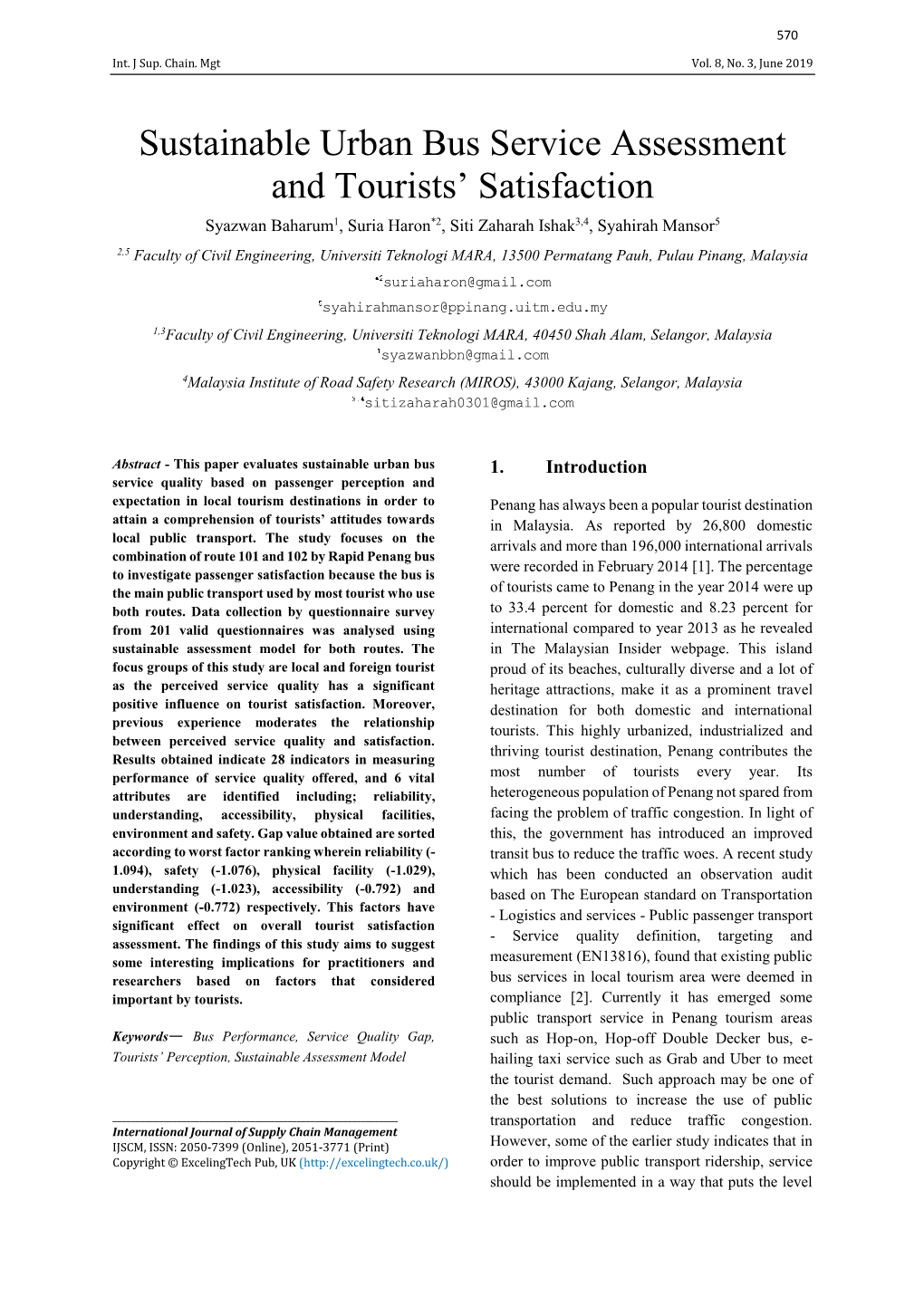 Sustainable Urban Bus Service Assessment and Tourists' Satisfaction