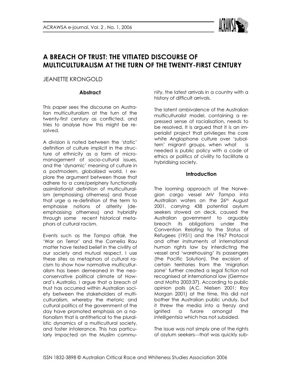 A Breach of Trust: the Vitiated Discourse of Multiculturalism at the Turn of the Twenty-First Century