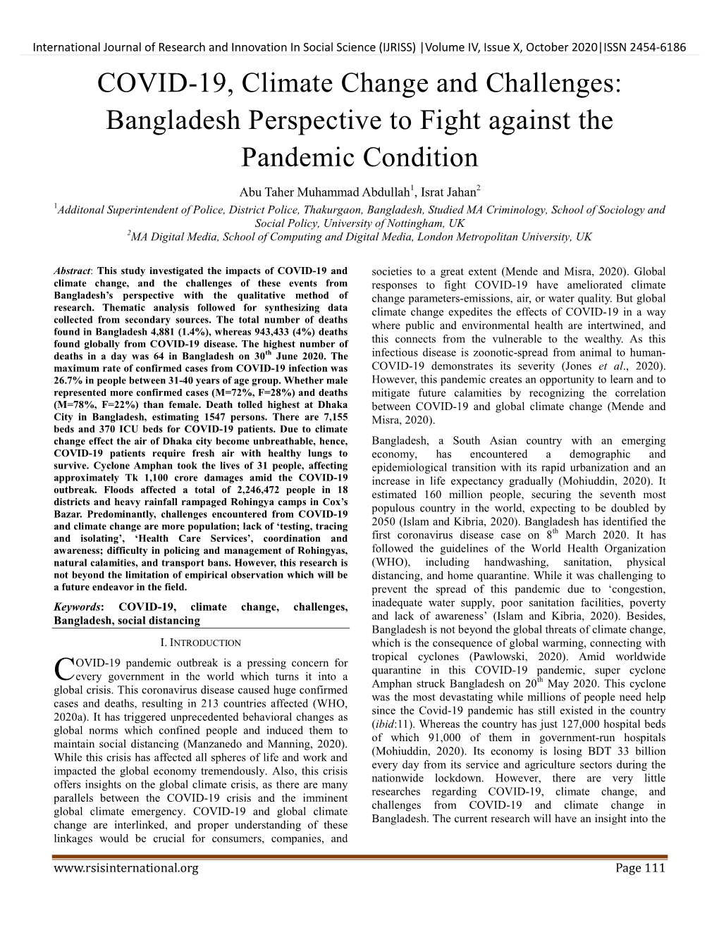 COVID-19, Climate Change and Challenges: Bangladesh Perspective to Fight Against the Pandemic Condition