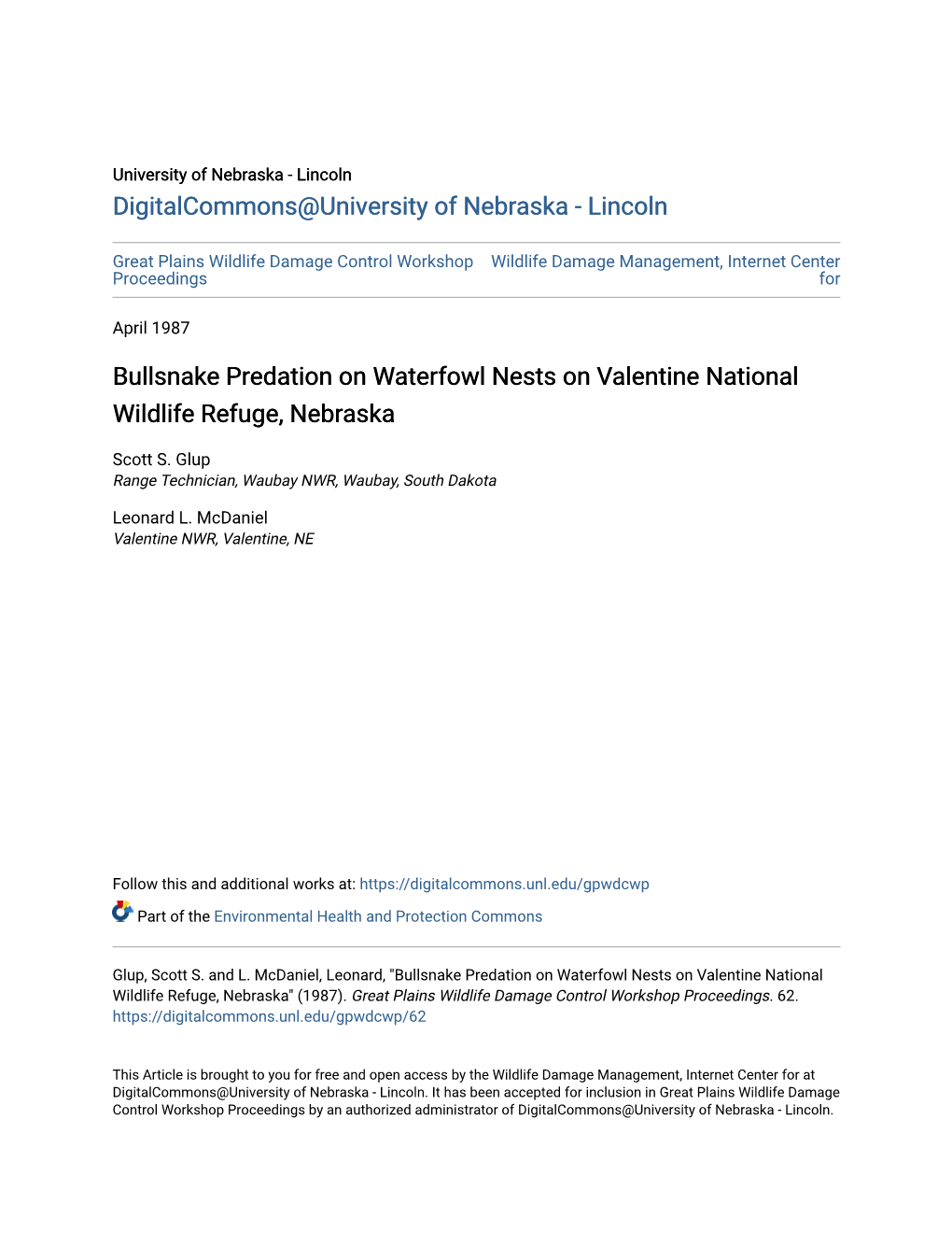 Bullsnake Predation on Waterfowl Nests on Valentine National Wildlife Refuge, Nebraska