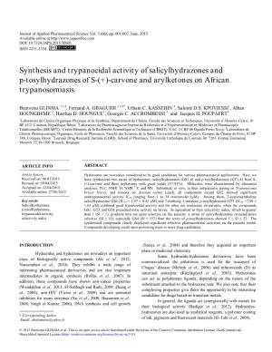 Synthesis and Trypanocidal Activity of Salicylhydrazones and P-Tosylhydrazones of S-(+)-Carvone and Arylketones on African Trypanosomiasis