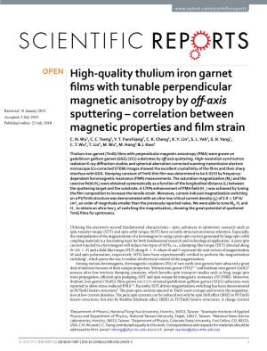 High-Quality Thulium Iron Garnet Films with Tunable Perpendicular Magnetic Anisotropy by Off-Axis Sputtering