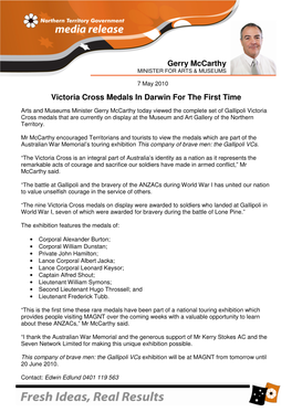 Gerry Mccarthy Victoria Cross Medals in Darwin For