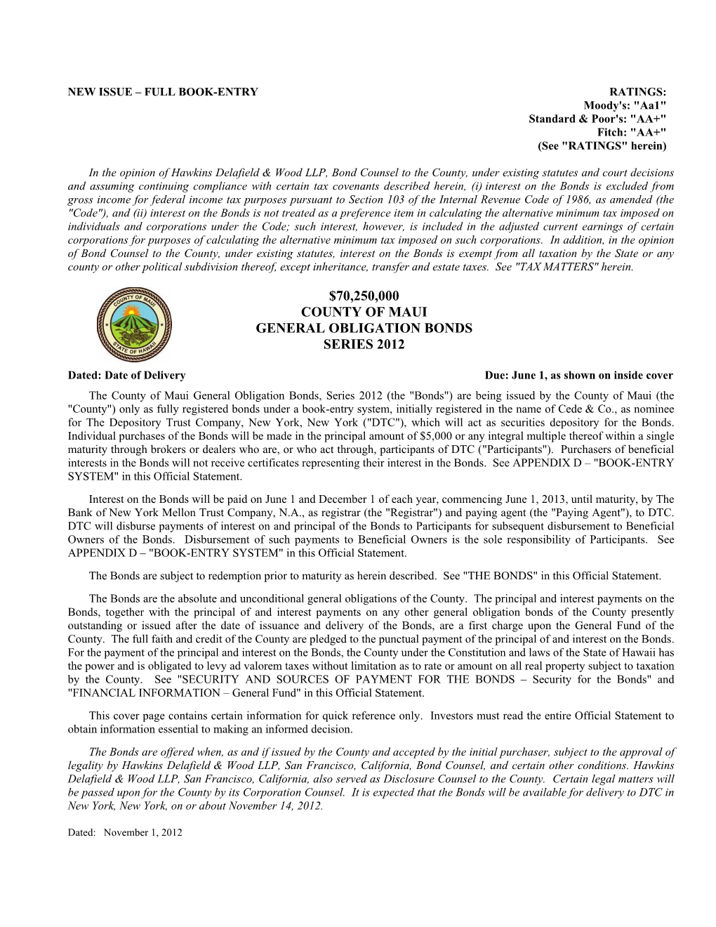 $70,250,000 County of Maui General Obligation Bonds Series 2012