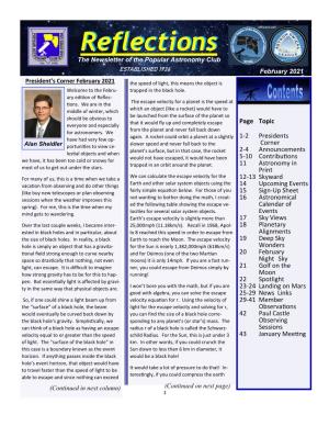 Reflectionsreflections the Newsletter of the Popular Astronomy Club ESTABLISHED 1936 February 2021