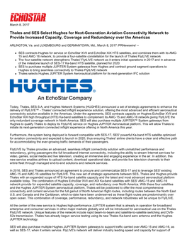 Thales and SES Select Hughes for Next-Generation Aviation Connectivity Network to Provide Increased Capacity, Coverage and Redundancy Over the Americas