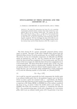 SINGULARITIES of THETA DIVISORS and the GEOMETRY of A5 Introduction the Theta Divisor Θ of a Generic Principally Polarized Abel