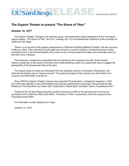 The Organic Theater to Present "The Sirens of Titan"