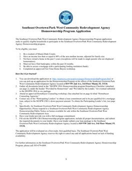 Southeast Overtown/Park West Community Redevelopment Agency Homeownership Program Application