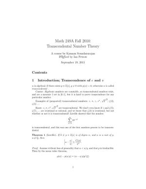 Math 249A Fall 2010: Transcendental Number Theory