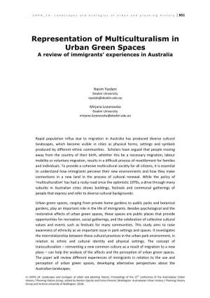 Representation of Multiculturalism in Urban Green Spaces a Review of Immigrants’ Experiences in Australia
