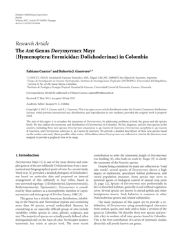 The Ant Genus Dorymyrmex Mayr (Hymenoptera: Formicidae: Dolichoderinae) in Colombia