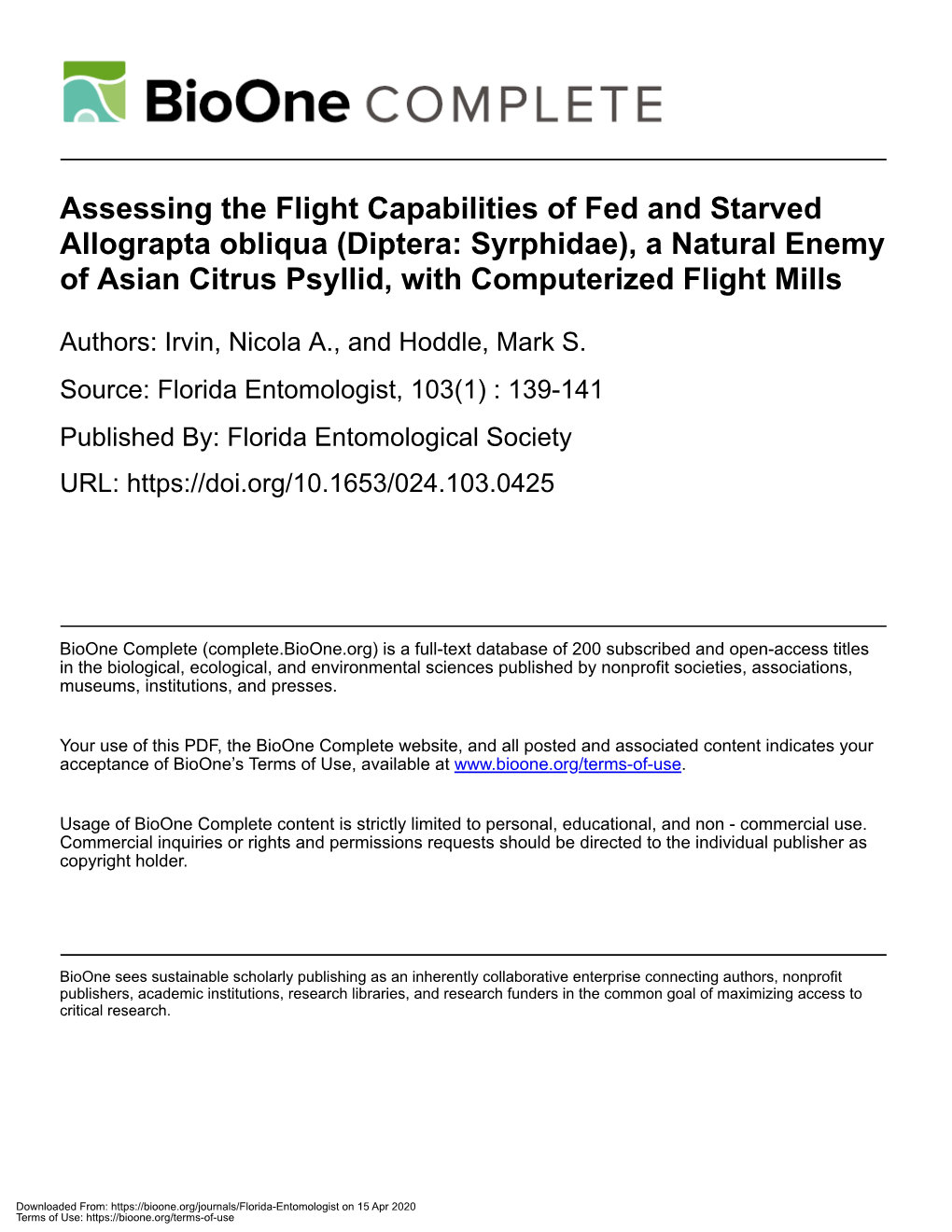 Assessing the Flight Capabilities of Fed and Starved Allograpta Obliqua (Diptera: Syrphidae), a Natural Enemy of Asian Citrus Psyllid, with Computerized Flight Mills