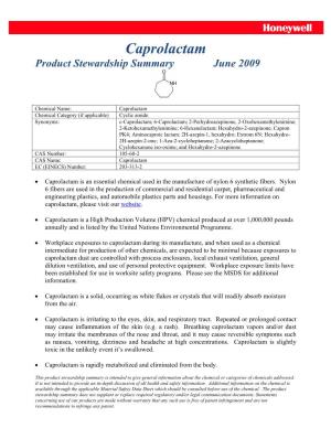 Caprolactam Product Stewardship Summary June 2009
