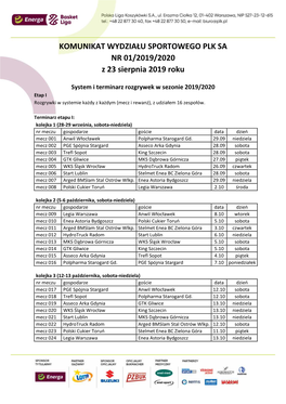 KOMUNIKAT WYDZIAŁU SPORTOWEGO PLK SA NR 01/2019/2020 Z 23 Sierpnia 2019 Roku