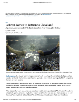 Lebron James to Return to Cleveland - WSJ