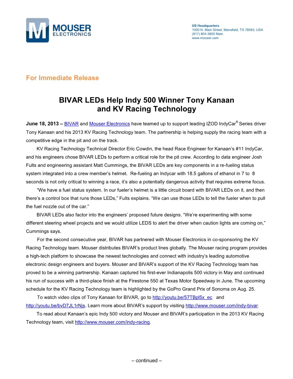 BIVAR Leds Help Indy 500 Winner Tony Kanaan and KV Racing Technology