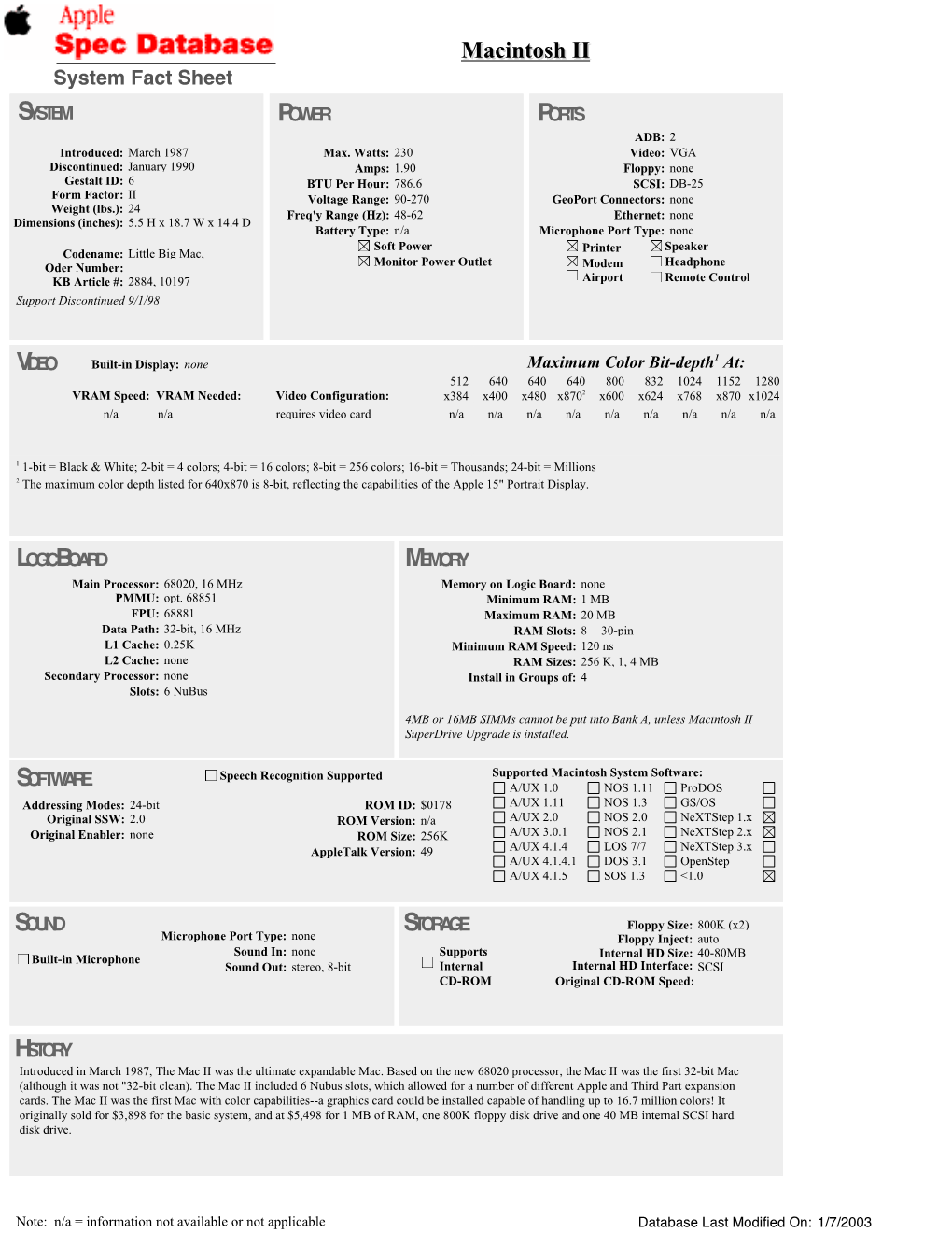 Macintosh IIII System Fact Sheet SYSTEM POWER PORTS ADB: 2 Introduced: March 1987 Max