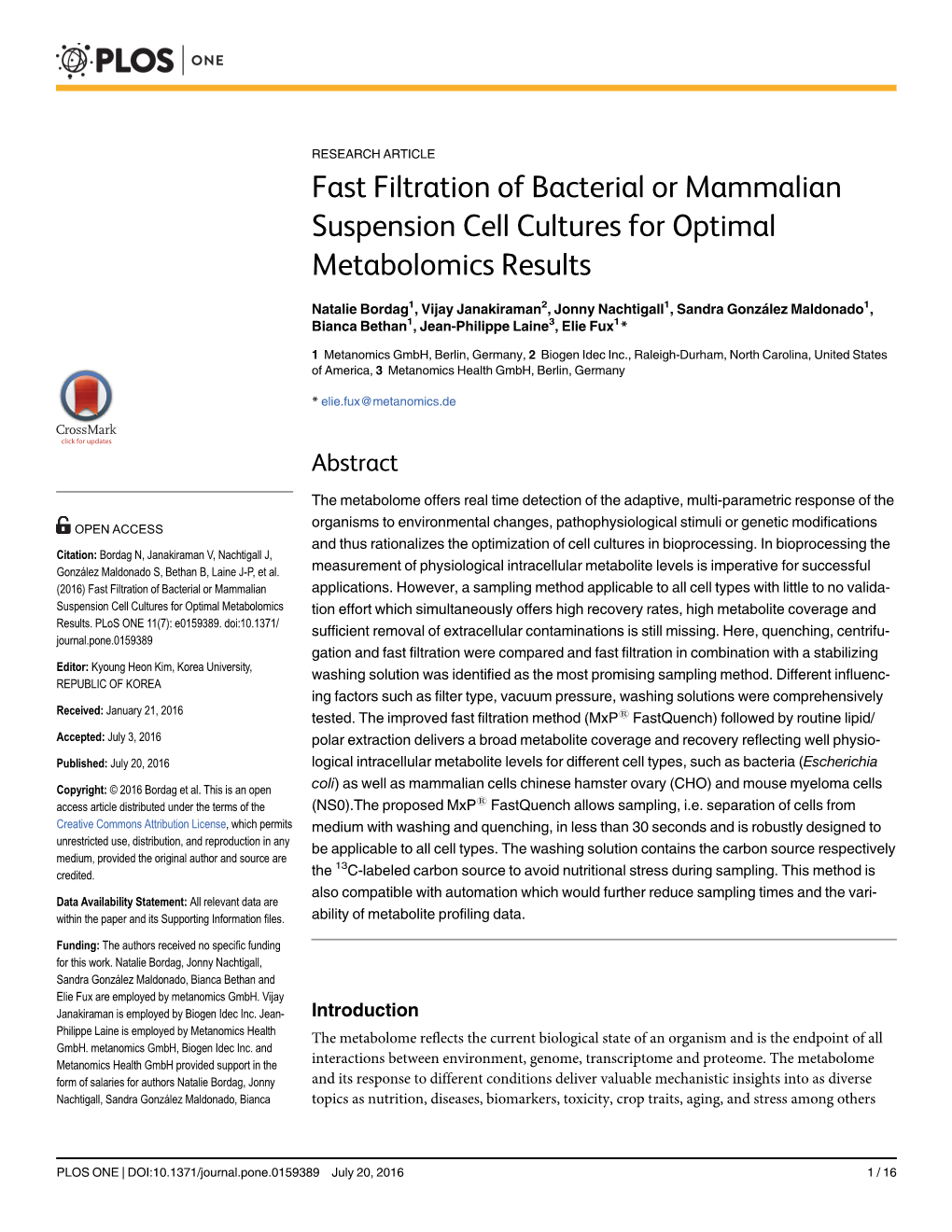 Fast Filtration of Bacterial Or Mammalian Suspension Cell Cultures for Optimal Metabolomics Results
