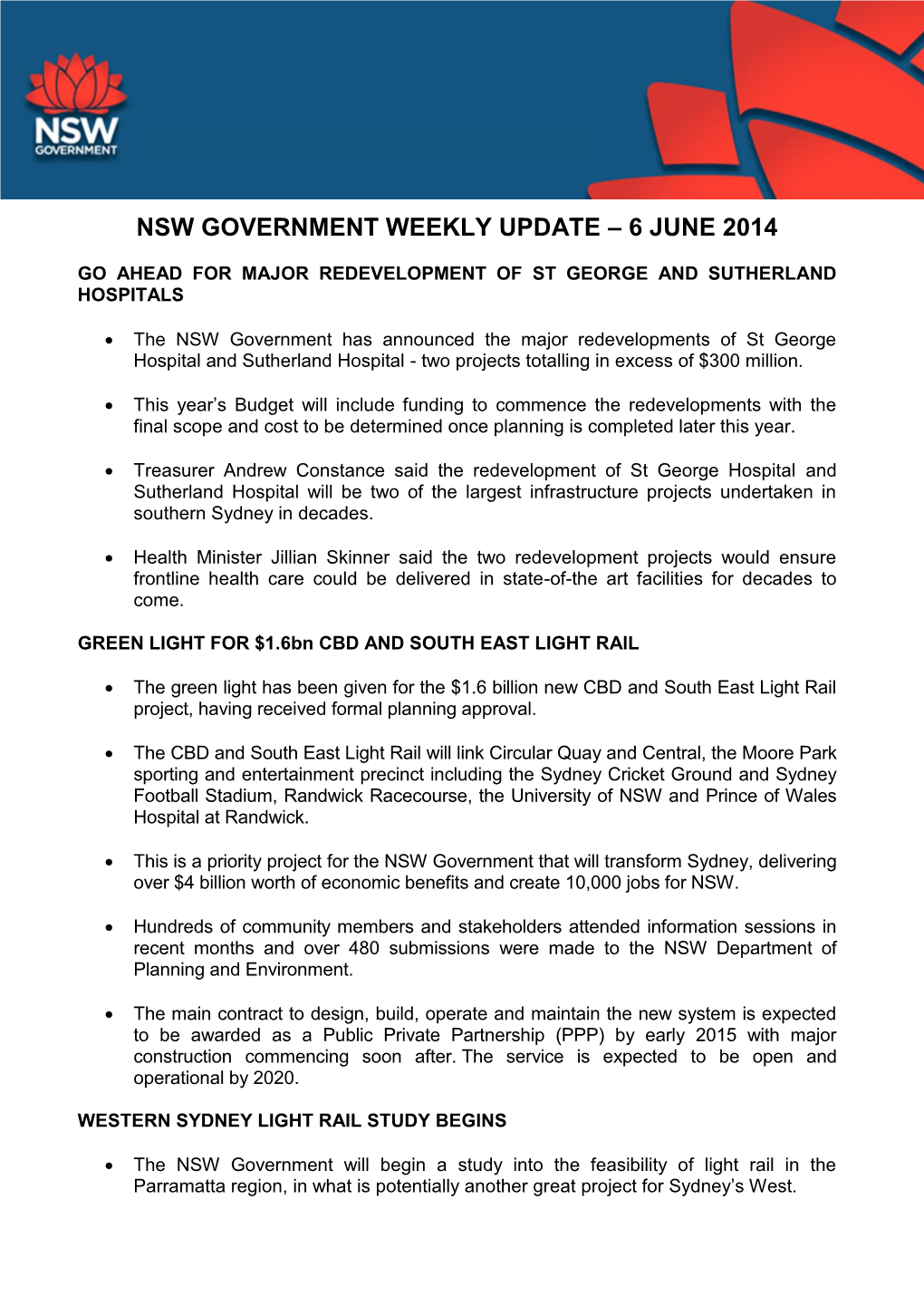 Nsw Government Weekly Update – 6 June 2014