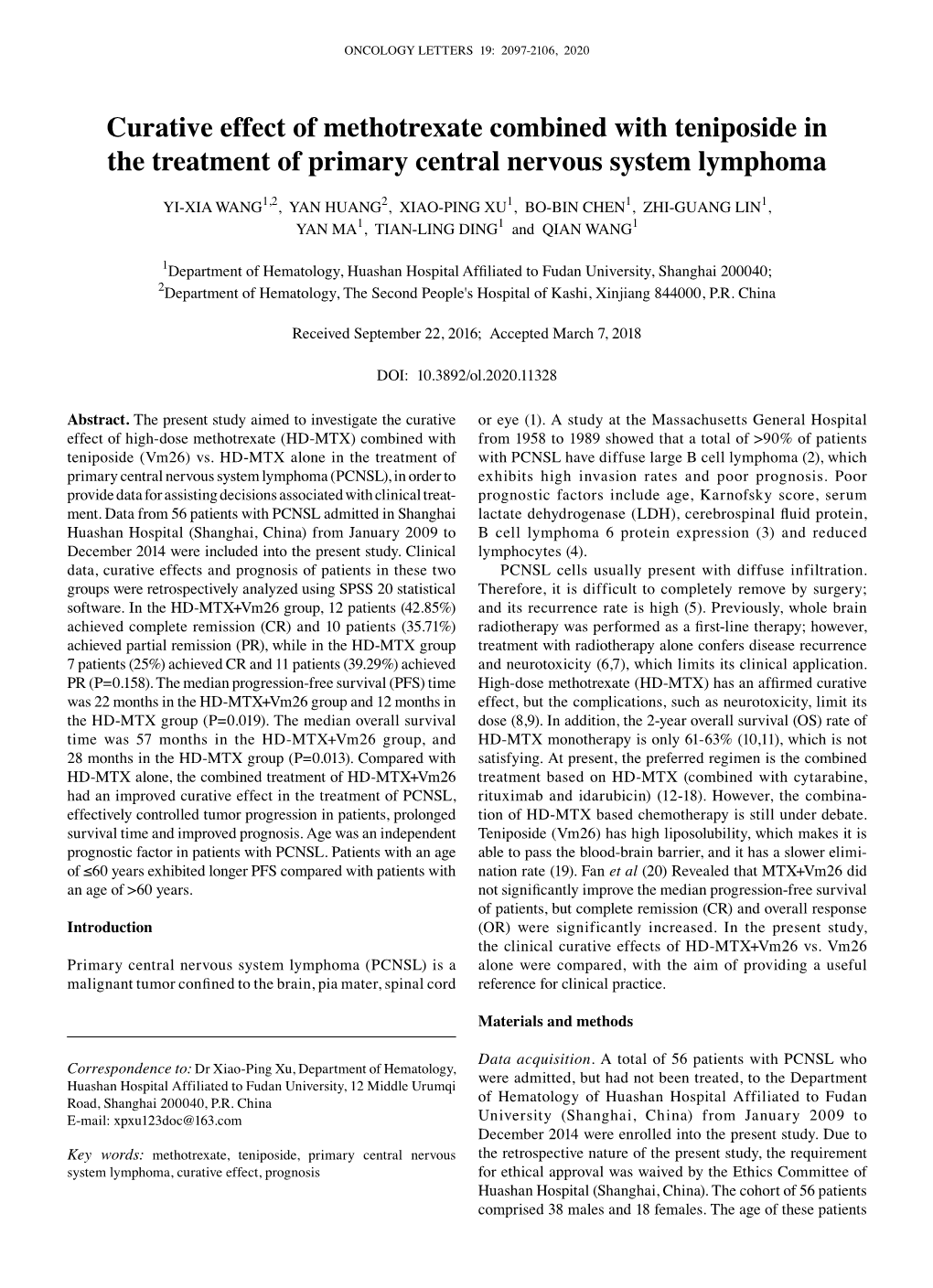 Curative Effect of Methotrexate Combined with Teniposide in the Treatment of Primary Central Nervous System Lymphoma